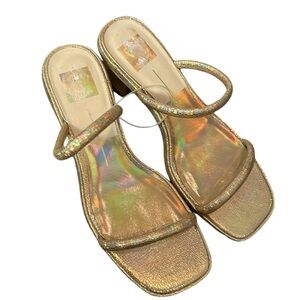 NEW Dolce Vita Two Band Holographic Gold Low Block Heel Sandals - Size 8.5